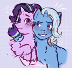 Size: 947x905 | Tagged: safe, artist:dweamypissuwu, derpibooru import, starlight glimmer, trixie, pony, unicorn, blushing, bust, duo, female, fluffy, hug, lesbian, shipping, simple background, smiling, startrix