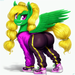 Size: 1280x1280 | Tagged: safe, ai content, derpibooru import, machine learning generated, oc, oc only, oc:nugget, pegasus, pony, /mlp/, butt, clothes, hairband, looking at you, plot, shoes, simple background, smiling, smirk, solo, tracksuit, white background