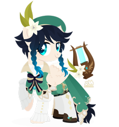 Size: 1920x2048 | Tagged: safe, artist:kabuvee, derpibooru import, pegasus, pony, braid, clothes, dress, flower, flower in hair, genshin impact, hat, lyre, musical instrument, ponified, simple background, solo, species swap, transparent background, venti (genshin impact)