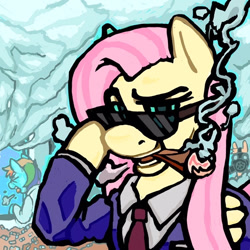 Size: 750x750 | Tagged: safe, artist:powknee, derpibooru import, fluttershy, rainbow dash, oc, pegasus, pony, business suit, cigar, cigarette, clothes, coughing, female, gas mask, grin, looking at you, mare, mask, smiling, smoke, smoking, solo focus, sunglasses, trio