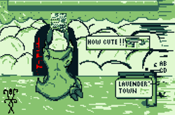 Size: 1081x707 | Tagged: safe, artist:damset, derpibooru import, oc, oc only, oc:da-mset, changeling, city, cloak, clothes, crossover, error, glitch, grass, lavender town, monochrome, pixel art, pokémon, tower