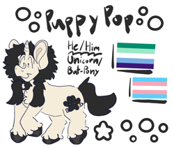 Size: 1550x1316 | Tagged: safe, artist:plushtoothpanic, derpibooru import, oc, oc only, pony, unicorn, bags under eyes, beady eyes, chest fluff, cute, eye wrinkles, female to male, gay pride flag, lgbt, lgbtq, male, ocbetes, paw, pencil, pride, pride flag, pronouns, raised eyebrow, raised eyebrows, raised hoof, raised leg, reference sheet, simple background, solo, trans male, transformation, transgender, transgender pride flag, transgender transformation, unshorn fetlocks, white background