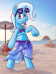 Size: 1920x2546 | Tagged: safe, artist:xppp1n, derpibooru import, trixie, unicorn, 3d, 3d mixed with drawing, beach, beach chair, bipedal, blender, blender cycles, chair, clothes, cooler, equestria girls outfit, female, food, mare, popsicle, sandcastle, solo, sunglasses, swimsuit, volcano