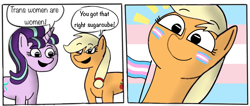 Size: 1080x458 | Tagged: safe, artist:gamedevanon, derpibooru import, edit, edited edit, editor:bi-fi-network, applejack, starlight glimmer, earth pony, pony, unicorn, 2 panel comic, anonymous editor, applebetes, comic, comments locked on derpi, cute, dialogue, duo, duo female, emanata, eyebrows, face paint, female, flag, glimmerbetes, happy, jackabetes, lgbt, lgbtq, male to female, mare, mouthpiece, open mouth, open smile, pride, pride flag, raised eyebrow, raised eyebrows, smiling, speech bubble, stonetoss, talking, trans female, transformation, transgender, transgender pride flag, transgender transformation