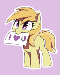 Size: 1000x1250 | Tagged: safe, artist:thebatfang, ponerpics import, noi, earth pony, pony, female, filly, foal, mouth hold, paper, simple background, smiling, solo