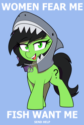 Size: 700x1050 | Tagged: safe, artist:thebatfang, ponerpics import, oc, oc only, oc:anon filly, earth pony, pony, female, filly, foal, looking at you, meme, open mouth, shark costume, simple background, solo