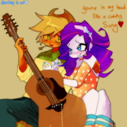 Size: 1598x1598 | Tagged: safe, artist:friendshipisart, derpibooru import, applejack, rarity, human, equestria girls, blushing, clothes, duo, female, freckles, guitar, hat, heart, hug, lesbian, looking at each other, looking at someone, musical instrument, rarijack, shipping, sitting, smiling, text