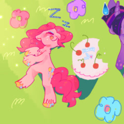 Size: 1280x1280 | Tagged: safe, artist:friendshipisart, derpibooru import, pinkie pie, twilight sparkle, earth pony, pony, unicorn, cake, chest fluff, duo, food, lying down, sleeping, smiling, unshorn fetlocks