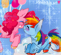 Size: 1870x1706 | Tagged: safe, artist:friendshipisart, derpibooru import, pinkie pie, rainbow dash, earth pony, pegasus, pony, balloon, blushing, boop, chest fluff, cloud, cute, dashabetes, diapinkes, duo, eyes closed, female, floating, lesbian, lying down, noseboop, pinkiedash, shipping, smiling, then watch her balloons lift her up to the sky, unshorn fetlocks