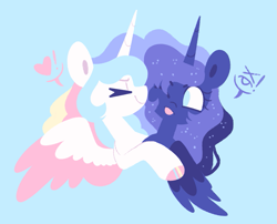 Size: 1043x841 | Tagged: safe, artist:glowfangs, derpibooru import, princess celestia, princess luna, alicorn, pony, :p, bust, duo, frown, heart, one eye closed, simple background, smiling, tongue, tongue out, wings, wink