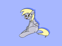 Size: 1600x1200 | Tagged: safe, artist:pertdegert, derpibooru import, derpy hooves, pegasus, pony, :p, blue background, female, simple background, sitting, smiling, solo, tongue, tongue out