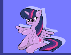 Size: 1368x1049 | Tagged: safe, artist:pertdegert, derpibooru import, twilight sparkle, twilight sparkle (alicorn), alicorn, pony, blue background, female, simple background, sitting, smiling, solo