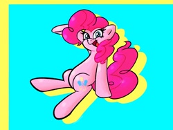 Size: 1600x1200 | Tagged: safe, artist:pertdegert, derpibooru import, pinkie pie, earth pony, pony, blue background, cyan background, female, looking at you, open mouth, simple background, sitting, smiling, solo