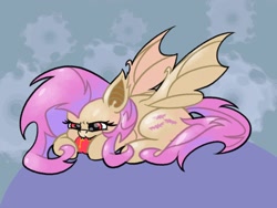 Size: 1600x1200 | Tagged: safe, artist:pertdegert, derpibooru import, fluttershy, bat pony, pony, apple, bat ponified, fangs, female, flutterbat, food, lying down, race swap, smiling, solo, spread wings, wings