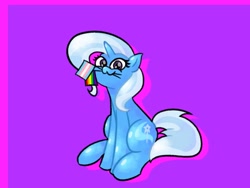 Size: 1600x1200 | Tagged: safe, artist:pertdegert, derpibooru import, trixie, pony, unicorn, :3, gay pride flag, looking at you, mouthpiece, pride, pride flag, purple background, simple background, sitting, smiling, solo, transgender pride flag