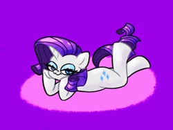 Size: 1600x1200 | Tagged: safe, artist:pertdegert, derpibooru import, rarity, pony, unicorn, :3, female, lying down, purple background, simple background, smiling, solo