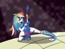 Size: 1600x1200 | Tagged: safe, artist:pertdegert, derpibooru import, rainbow dash, human, equestria girls, clothes, electric guitar, female, guitar, musical instrument, open mouth, simple background, skirt, solo