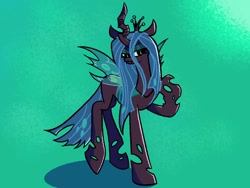 Size: 1600x1200 | Tagged: safe, artist:pertdegert, derpibooru import, queen chrysalis, changeling, changeling queen, fangs, female, raised hoof, raised leg, simple background, solo