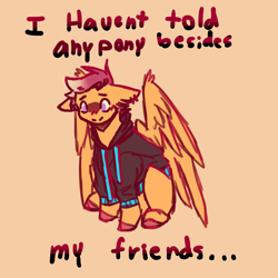 Size: 2048x2048 | Tagged: safe, artist:ask-trans-scoots, derpibooru import, scootaloo, pegasus, pony, ask, blushing, clothes, cute, dialogue, ears, floppy ears, hoodie, large wings, male, simple background, sitting, solo, trans male, transgender, tumblr:ask trans scootaloo, wings