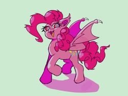 Size: 1600x1200 | Tagged: safe, artist:pertdegert, derpibooru import, pinkie pie, bat pony, pony, bat ears, bat ponified, bat wings, fangs, female, green background, open mouth, pinkiebat, race swap, raised hoof, raised leg, simple background, solo, wings