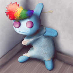 Size: 1597x1597 | Tagged: safe, artist:s410, derpibooru import, rainbow dash, creepy, digital art, duster, flour sack, plushie, solo