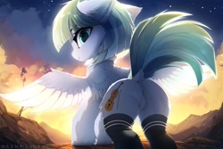 Size: 1600x1067 | Tagged: safe, artist:magnaluna, derpibooru import, oc, oc only, oc:silky strings, pegasus, pony, butt, chest fluff, clothes, dock, ear fluff, ears, featureless crotch, female, looking at you, looking back, looking back at you, mare, pegasus oc, plot, rear view, scenery, socks, solo, spread wings, sunshine, tail, wings