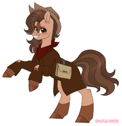 Size: 882x906 | Tagged: safe, artist:dozyarts, derpibooru import, oc, oc only, oc:tarnished clutter, earth pony, fallout equestria, bag, bandana, clothes, coat, cowboy hat, fallout, female, grin, hat, looking at you, makeup, raffle prize, rearing, simple background, smiling, solo, white background