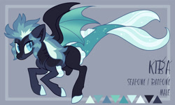 Size: 1920x1163 | Tagged: safe, artist:bishopony, derpibooru import, oc, oc only, oc:kiba (bishopony), bat pony, fish, hybrid, pony, seapony (g4), amputee, blue mane, blue tail, dorsal fin, fangs, fin, fish tail, male, reference sheet, simple background, solo, spread wings, stallion, tail, wings