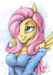 Size: 2171x3070 | Tagged: safe, artist:mysticalpha, derpibooru import, fluttershy, anthro, pegasus, breasts, female, grin, high res, hootershy, kinky, shoulderless, smiling, solo