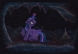 Size: 1024x714 | Tagged: safe, artist:malte279, derpibooru import, twilight sparkle, twilight sparkle (alicorn), alicorn, black background, colored pencil drawing, darkness, flowstone cave, simple background, stalactite, stalagmite, traditional art, worried