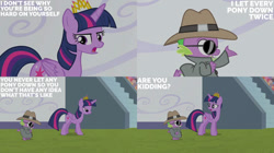 Size: 828x465 | Tagged: safe, derpibooru import, edit, edited screencap, editor:quoterific, screencap, spike, twilight sparkle, twilight sparkle (alicorn), alicorn, equestria games (episode), clothes, crown, jewelry, regalia, stadium, sunglasses, trenchcoat