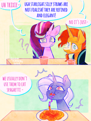 Size: 1536x2048 | Tagged: safe, artist:sockiepuppetry, derpibooru import, starlight glimmer, sunburst, trixie, pony, unicorn, 2 panel comic, comic, crazy straw, dialogue, drink, drinking, eating, female, food, male, mare, pasta, question mark, silly straw, spaghetti, speech bubble, stallion, straw, trio