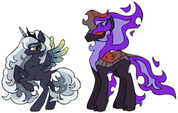 Size: 1320x840 | Tagged: safe, artist:gaines, derpibooru import, king sombra, princess luna, alicorn, kirin, nirik, colored wings, crown, duo, duo male and female, eyeshadow, female, gradient wings, jewelry, kirin-ified, leonine tail, makeup, male, mare, missing cutie mark, redesign, regalia, simple background, species swap, tail, transparent background, wings