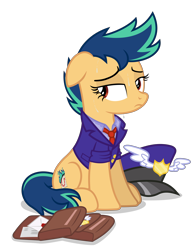 Size: 4000x5100 | Tagged: safe, artist:gypsykumquat, derpibooru import, oc, oc only, oc:fiery stamp, earth pony, pony, .svg available, absurd resolution, bag, clothes, ears, earth pony oc, exhausted, female, floppy ears, hat, inkscape, looking back, mailbag, mailmare, mailmare hat, mailmare uniform, mailpony, mailpony uniform, saddle bag, show accurate, simple background, sitting, solo, svg, sweat, sweatdrop, transparent background, uniform, uniform hat, vector, wet, wet clothes