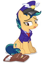 Size: 4000x5100 | Tagged: safe, artist:gypsykumquat, derpibooru import, oc, oc only, oc:fiery stamp, earth pony, pony, .svg available, absurd resolution, bag, clothes, earth pony oc, exhausted, female, hat, inkscape, mailbag, mailmare, mailmare hat, mailmare uniform, mailpony, mailpony uniform, saddle bag, show accurate, simple background, sitting, solo, svg, sweat, sweatdrop, transparent background, uniform, uniform hat, vector, wet, wet clothes
