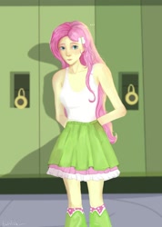 Size: 1250x1754 | Tagged: safe, artist:twtstzk, derpibooru import, fluttershy, equestria girls, arm behind back, boots, clothes, cute, female, lockers, shoes, shyabetes, skirt, socks, solo, tanktop