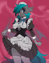 Size: 1843x2400 | Tagged: safe, artist:mirage, derpibooru import, oc, oc only, anthro, bat pony, pegasus, bat wings, clothes, corset, female, maid, solo, stockings, thigh highs, wings