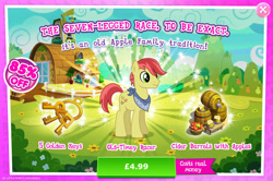 Size: 1964x1301 | Tagged: safe, derpibooru import, happy trails, earth pony, pony, advertisement, apple, apple family member, barrel, cider, cider mug, costs real money, english, food, gameloft, key, male, mobile game, mug, my little pony: magic princess, neckerchief, numbers, official, sale, solo, stallion, text