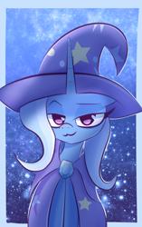 Size: 2200x3500 | Tagged: safe, artist:thebigstuff89, derpibooru import, trixie, pony, unicorn, cape, clothes, female, hat, high res, horn, lidded eyes, looking at you, mare, smiling, smiling at you, smirk, solo, trixie's cape, trixie's hat, wizard hat