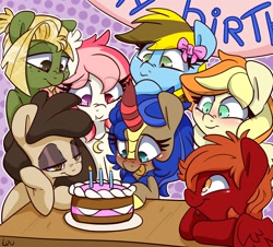 Size: 2504x2264 | Tagged: oc name needed, safe, artist:lou, derpibooru import, oc, oc:cobalt flame, oc:louvely, oc:lucky bolt, oc:sodapop sprays, kirin, pony, birthday, birthday cake, blushing, bow, cake, commission, female, food, hair bow, mare