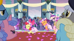 Size: 2160x1206 | Tagged: safe, derpibooru import, screencap, apple bloom, princess cadance, queen chrysalis, scootaloo, alicorn, earth pony, pegasus, pony, unicorn, a canterlot wedding, background pony, bride, canterlot, canterlot castle, clothes, cute, dress, evil grin, eyes closed, fake cadance, female, filly, floral head wreath, flower, flower filly, flower girl, flower girl dress, flower in hair, foal, force field, grin, hopping, marriage, necktie, smiling, veil, wedding, wedding veil