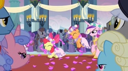 Size: 2160x1205 | Tagged: safe, derpibooru import, screencap, apple bloom, princess cadance, queen chrysalis, scootaloo, alicorn, earth pony, pegasus, pony, unicorn, a canterlot wedding, background pony, bride, canterlot, canterlot castle, clothes, cute, dress, eyes closed, fake cadance, floral head wreath, flower, flower filly, flower girl, flower girl dress, flower in hair, force field, hopping, marriage, necktie, veil, wedding, wedding veil