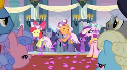 Size: 2160x1196 | Tagged: safe, derpibooru import, screencap, apple bloom, princess cadance, queen chrysalis, scootaloo, alicorn, earth pony, pegasus, pony, unicorn, a canterlot wedding, background pony, bride, clothes, cute, dress, evil grin, eyes closed, fake cadance, floral head wreath, flower, flower filly, flower girl, flower girl dress, force field, grin, hopping, marriage, necktie, open mouth, smiling, veil, wedding, wedding veil