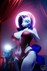 Size: 1706x2560 | Tagged: safe, alternate version, artist:deadair, derpibooru import, rarity, anthro, unicorn, 3d, absolute cleavage, blender, blender cycles, blood moon, breasts, cleavage, clothes, curtains, cutie mark, dress, fog, glowing, glowing eyes, looking at you, moon, night, raritits, red dress, red sky, sfw version, sky, solo, stars