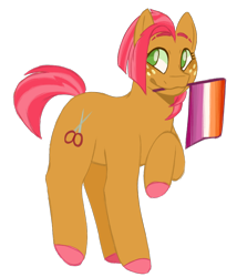 Size: 820x957 | Tagged: safe, artist:spaceoreosxoxo, derpibooru import, babs seed, earth pony, pony, alternate versions at source, colored hooves, eyebrows, female, lesbian, lesbian pride flag, lgbt, lgbtq, mare, older, older babs seed, pride, pride flag, raised eyebrow, raised eyebrows, raised hoof, raised leg, scissors, simple background, smiling, solo, transparent background