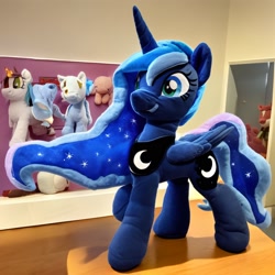 Size: 1536x1536 | Tagged: safe, ai content, derpibooru exclusive, derpibooru import, generator:pony diffusion v5, generator:stable diffusion, machine learning generated, princess luna, alicorn, pony, female, indoors, mare, plushie, prompter:siber, realistic, solo