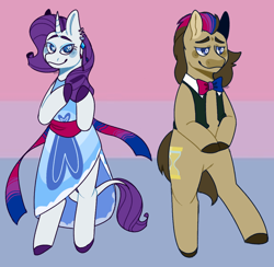 Size: 1080x1053 | Tagged: safe, artist:spaceoreosxoxo, derpibooru import, doctor whooves, rarity, earth pony, pony, unicorn, bisexual, bisexual pride flag, bisexuality, blushing, bowtie, clothes, colored hooves, cute, diamond, doctorbetes, dress, duo, dyed mane, ear piercing, earring, female, heart, heart eyes, jewelry, leonine tail, lgbt, lgbtq, male, mare, piercing, pride, pride flag, raribetes, smiling, stallion, tail, wingding eyes