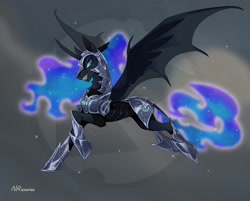 Size: 2048x1643 | Tagged: safe, artist:anoraknr, derpibooru import, nightmare moon, alicorn, bat pony, bat pony alicorn, pony, abstract background, armor, bat wings, concave belly, curved horn, ethereal mane, ethereal tail, female, helmet, hoof shoes, horn, long mane, long tail, mare, neck armor, peytral, princess shoes, quadrupedal, sharp teeth, signature, slim, slit eyes, solo, spread wings, starry mane, starry tail, tail, teeth, thin, wings