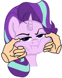 Size: 972x1212 | Tagged: safe, artist:dotkwa, color edit, derpibooru import, edit, starlight glimmer, human, pony, unicorn, g4, annoyed, cheek pinch, cheek squish, chipmunk cheeks, colored, female, hand, looking at you, mare, simple background, solo, squishy cheeks, starlight glimmer is not amused, unamused, white background