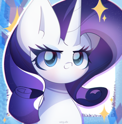 Size: 2400x2450 | Tagged: safe, artist:miryelis, derpibooru import, rarity, pony, unicorn, big ears, bust, cute, ears, eyelashes, female, horn, looking at you, mare, signature, smiling, smiling at you, solo, sparkles